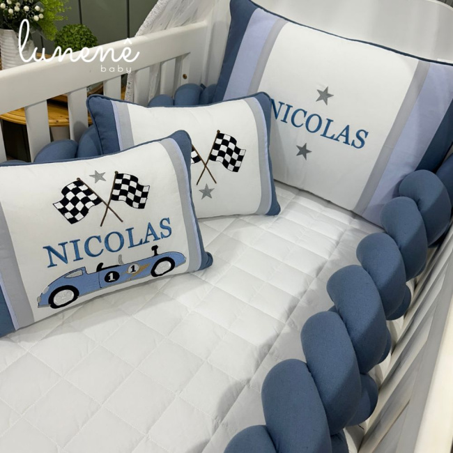 Kit Berço 100% Algodão 200 Fios Personalizado 08 Peças Azul Royal 4636