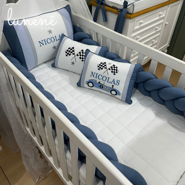 Kit Berço 100% Algodão 200 Fios Personalizado 08 Peças Azul Royal 4636