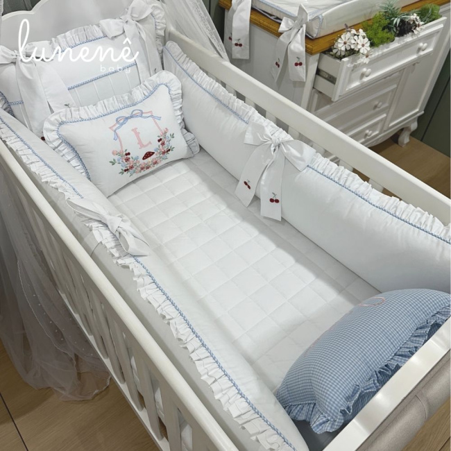 Enxoval de Berço 08 Peças Personalizado Azul Xadrez 200 Fios 4599