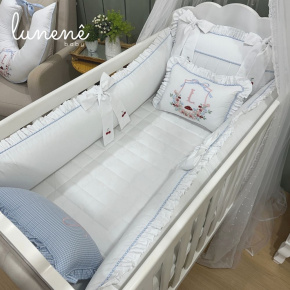 Enxoval de Berço 08 Peças Personalizado Azul Xadrez 200 Fios 4599