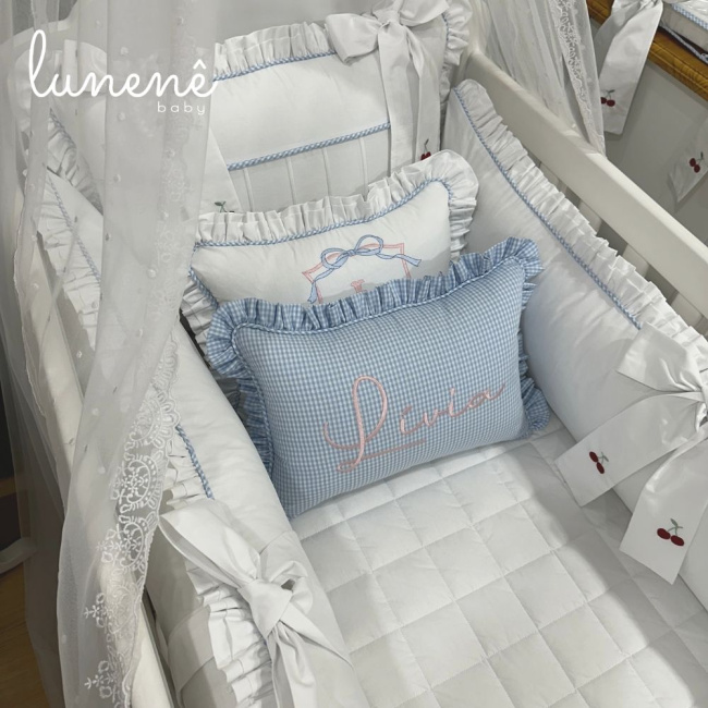 Enxoval de Berço 08 Peças Personalizado Azul Xadrez 200 Fios 4599