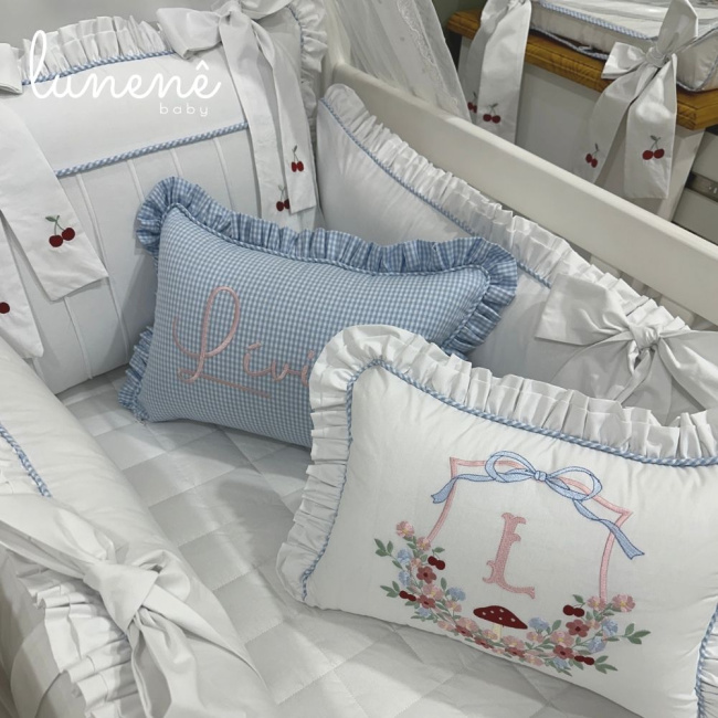 Enxoval de Berço 08 Peças Personalizado Azul Xadrez 200 Fios 4599