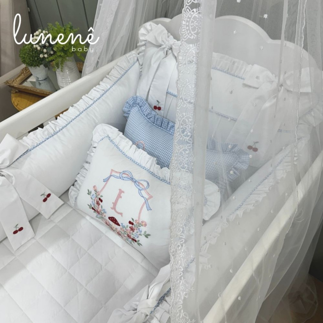 Enxoval de Berço 08 Peças Personalizado Azul Xadrez 200 Fios 4599