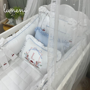 Enxoval de Berço 08 Peças Personalizado Azul Xadrez 200 Fios 4599