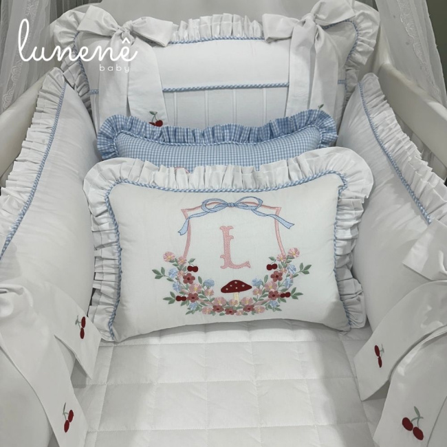Enxoval de Berço 08 Peças Personalizado Azul Xadrez 200 Fios 4599