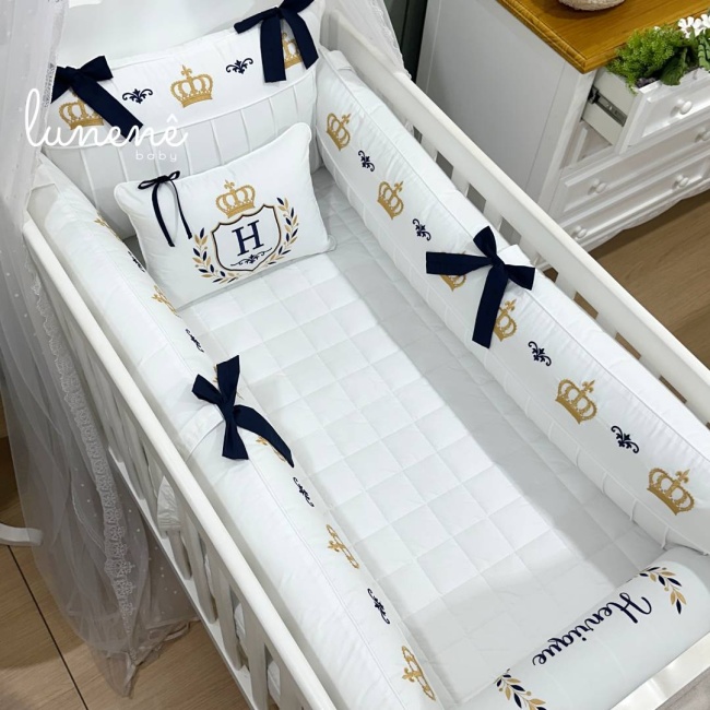 Enxoval de Berço 08 Peças Personalizado Coroinha Marinho 160 Fios 4633