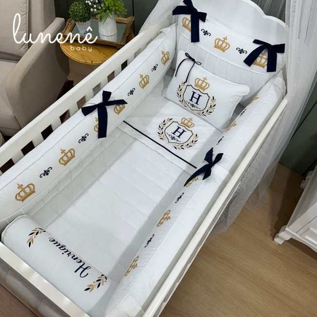 Kit Berço 100% Algodão 160 Fios Personalizado 08 Peças Personalizado Coroinha Marinho 4633