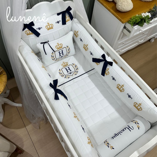 Kit Berço 100% Algodão 160 Fios Personalizado 08 Peças Personalizado Coroinha Marinho 4633