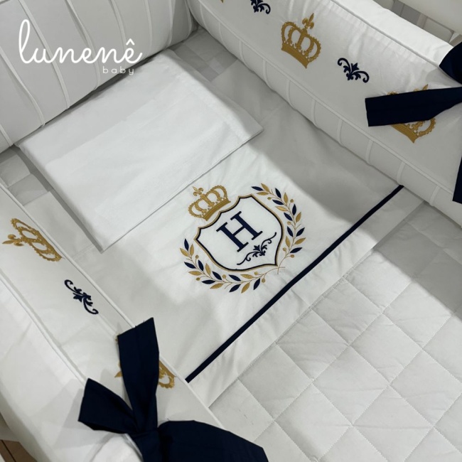 Kit Berço 100% Algodão 160 Fios Personalizado 08 Peças Personalizado Coroinha Marinho 4633