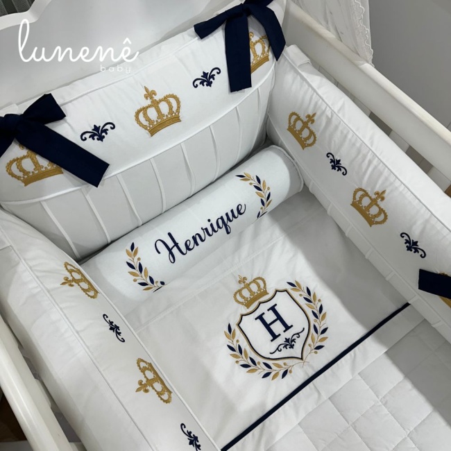 Kit Berço 100% Algodão 160 Fios Personalizado 08 Peças Personalizado Coroinha Marinho 4633