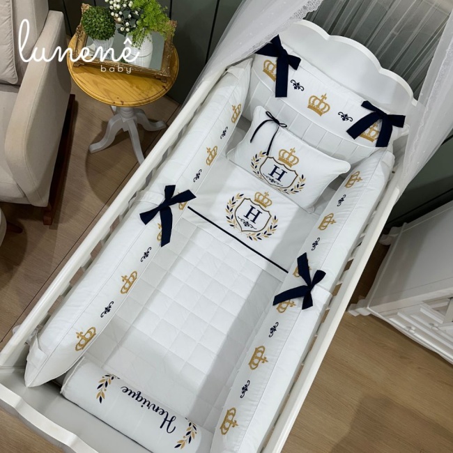 Kit Berço 100% Algodão 160 Fios Personalizado 08 Peças Personalizado Coroinha Marinho 4633