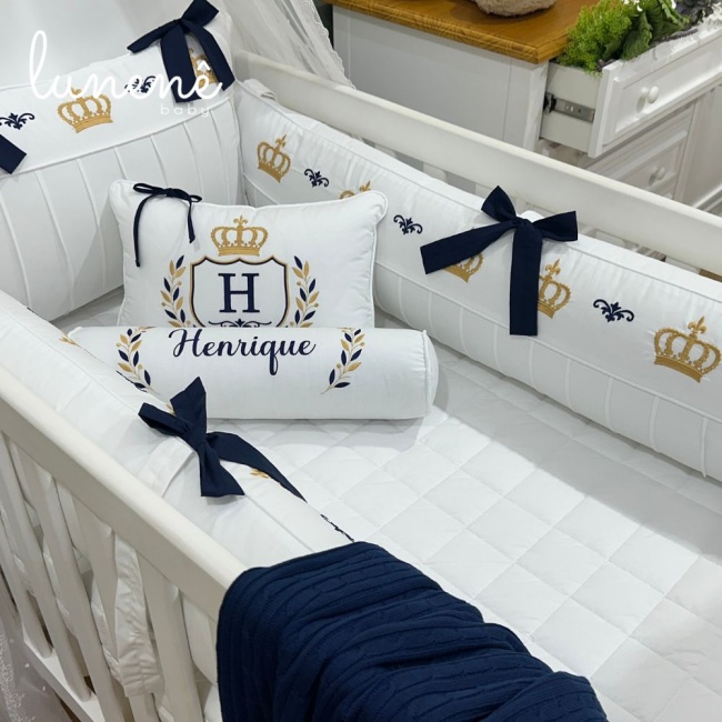 Kit Berço 100% Algodão 160 Fios Personalizado 08 Peças Personalizado Coroinha Marinho 4633