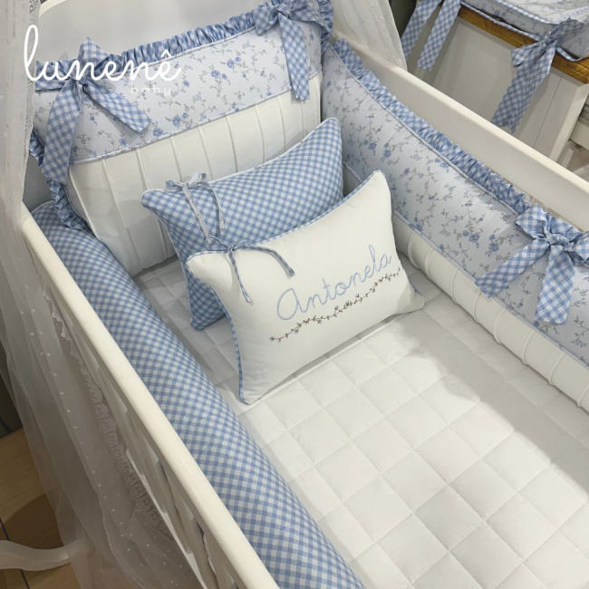 Enxoval de Berço 08 Peças Personalizado Doce Jardim Azul 200 Fios 4600