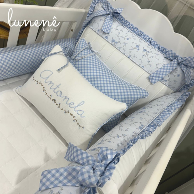 Enxoval de Berço 08 Peças Personalizado Doce Jardim Azul 200 Fios 4600