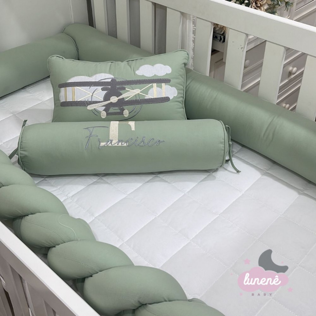 Enxoval de Berço 09 Peças Basic Baby Aviador Branco e Malva 200 Fios