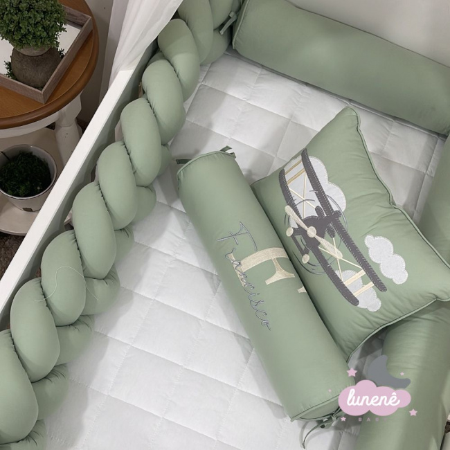 Enxoval de Berço 09 Peças Basic Baby Aviador Branco e Malva 200 Fios