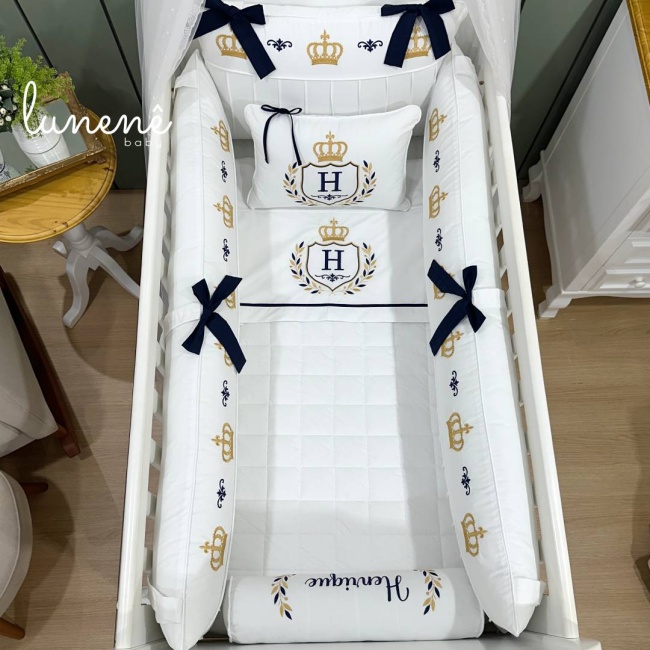 Enxoval de Berço 09 Peças Personalizado Coroinha Marinho 160 Fios 4633