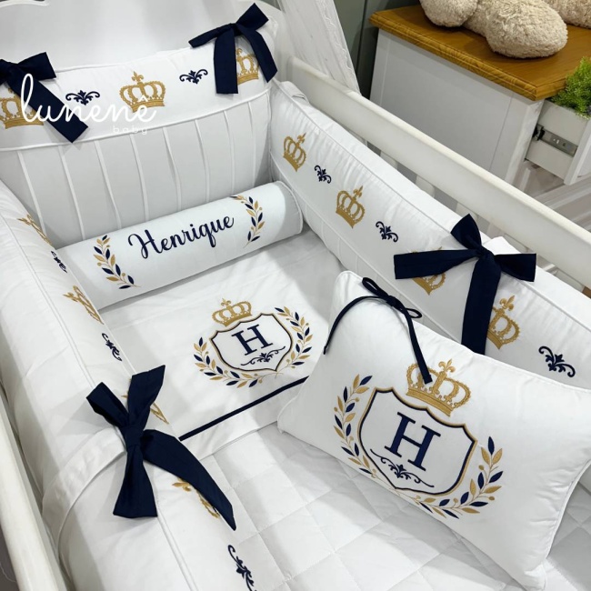 Enxoval de Berço 09 Peças Personalizado Coroinha Marinho 160 Fios 4633
