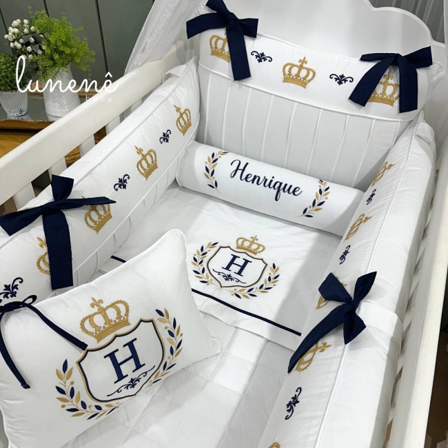 Enxoval de Berço 09 Peças Personalizado Coroinha Marinho 160 Fios 4633