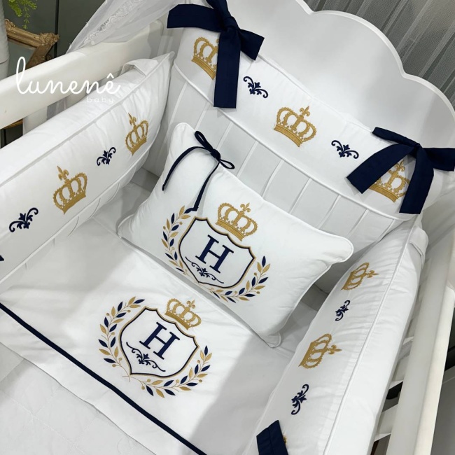 Enxoval de Berço 09 Peças Personalizado Coroinha Marinho 160 Fios 4633