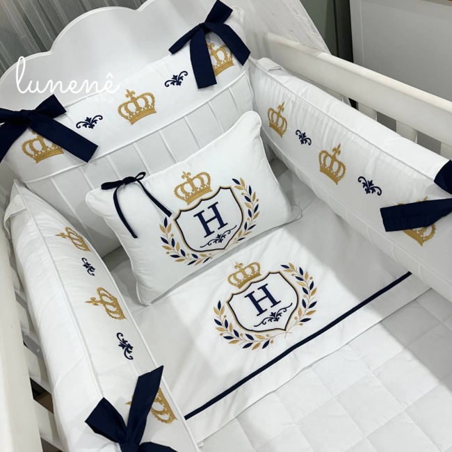 Enxoval de Berço 09 Peças Personalizado Coroinha Marinho 160 Fios 4633