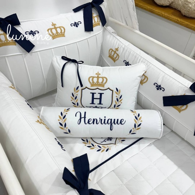 Enxoval de Berço 09 Peças Personalizado Coroinha Marinho 160 Fios 4633