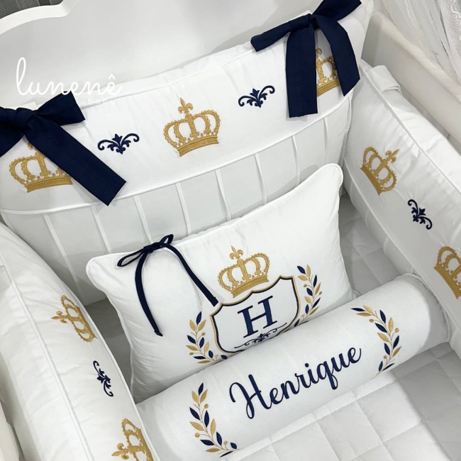 Enxoval de Berço 09 Peças Personalizado Coroinha Marinho 160 Fios 4633