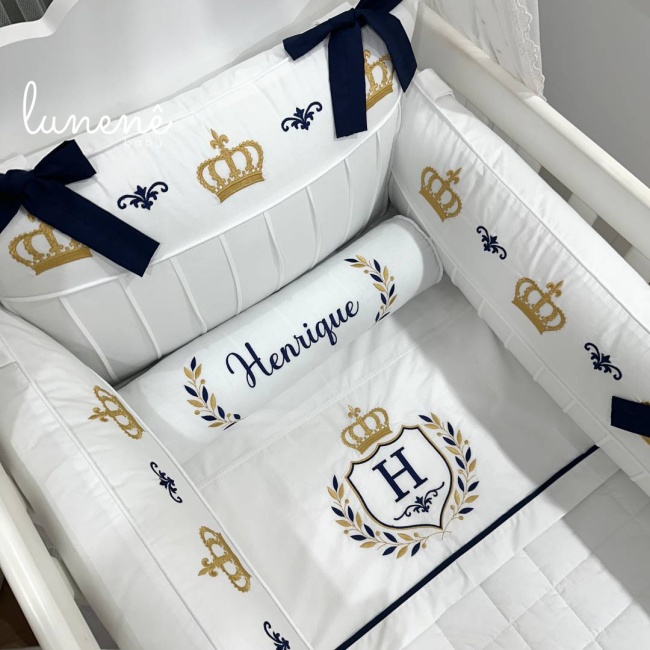 Enxoval de Berço 09 Peças Personalizado Coroinha Marinho 160 Fios 4633
