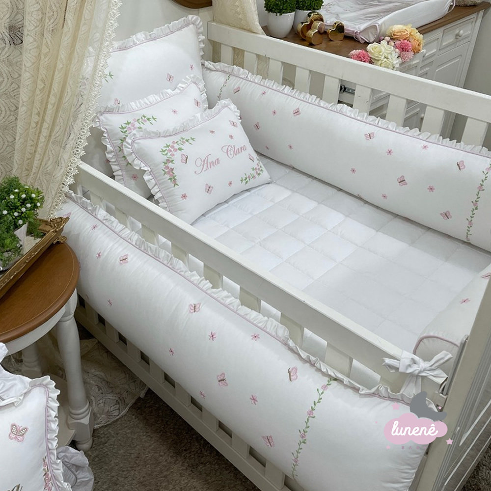 Quarto Completo Primavera Enxoval Bebê Menina Branco - Bege - Rosa 100%  Algodão