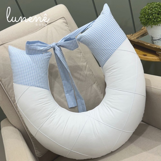 Enxoval de Berço Floral Jardim Encantado Xadrez Azul 10 Peças com Almofada de Amamentação e Trocador de Cômoda