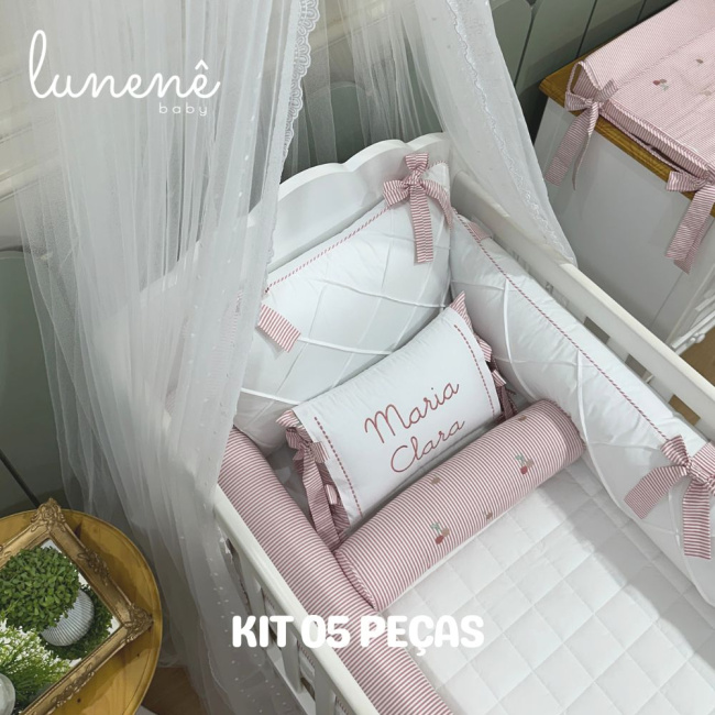 Enxoval de Berço Personalizado 05 Peças Cerejinha Rose 200 Fios 4568