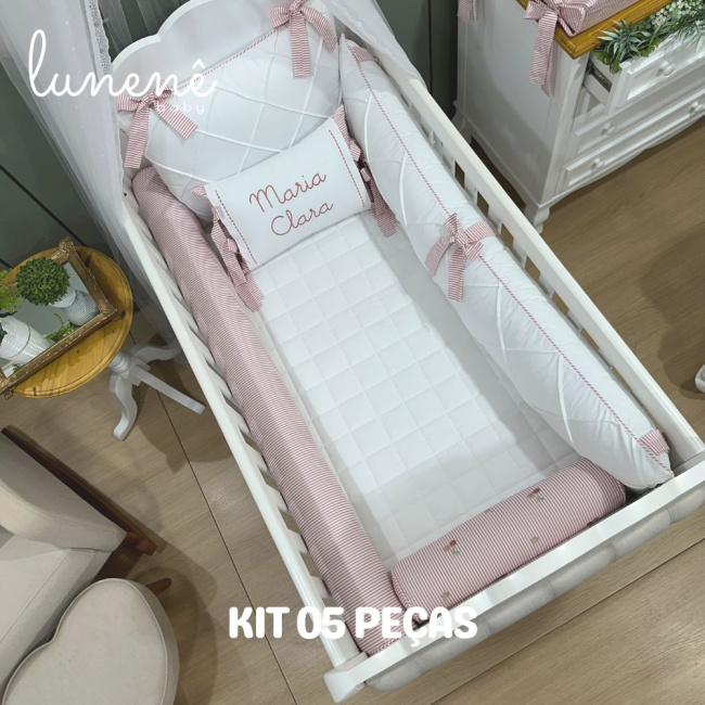Enxoval de Berço Personalizado 05 Peças Cerejinha Rose 200 Fios 4568