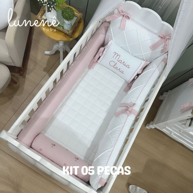 Enxoval de Berço Personalizado 05 Peças Cerejinha Rose 200 Fios 4568