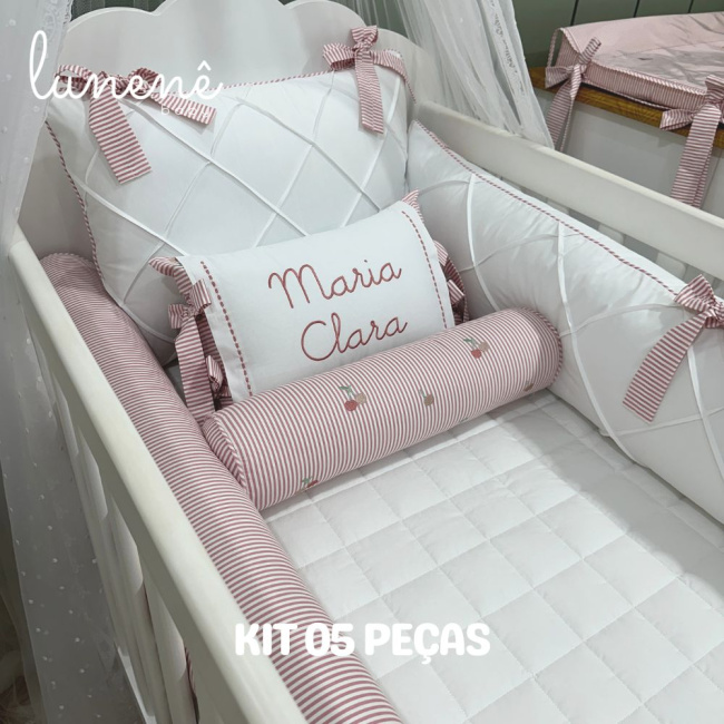 Enxoval de Berço Personalizado 05 Peças Cerejinha Rose 200 Fios 4568
