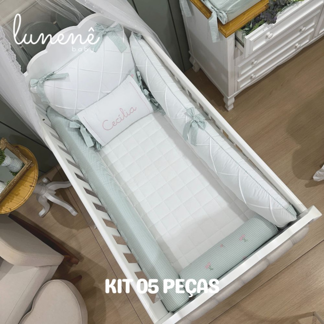 Enxoval de Berço Personalizado 05 Peças Cerejinha Verde 200 Fios 4574