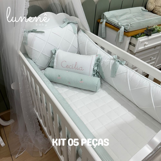 Enxoval de Berço Personalizado 05 Peças Cerejinha Verde 200 Fios 4574
