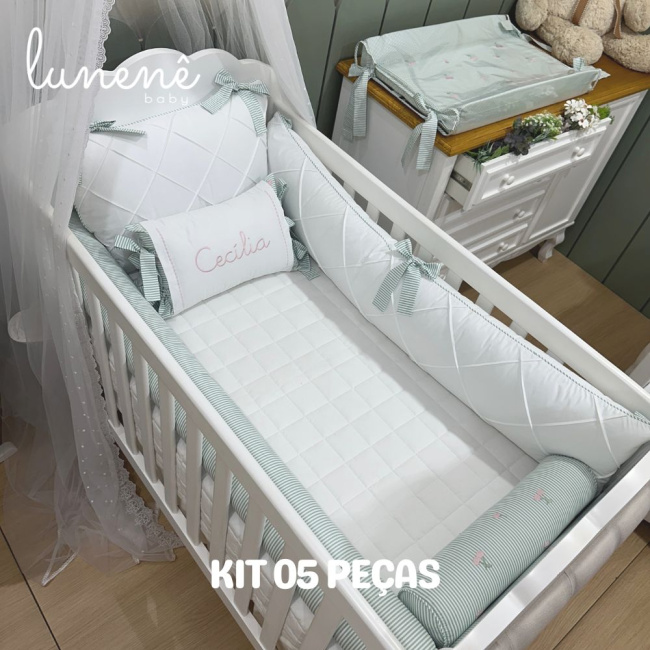 Enxoval de Berço Personalizado 05 Peças Cerejinha Verde 200 Fios 4574
