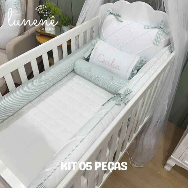 Enxoval de Berço Personalizado 05 Peças Cerejinha Verde 200 Fios 4574