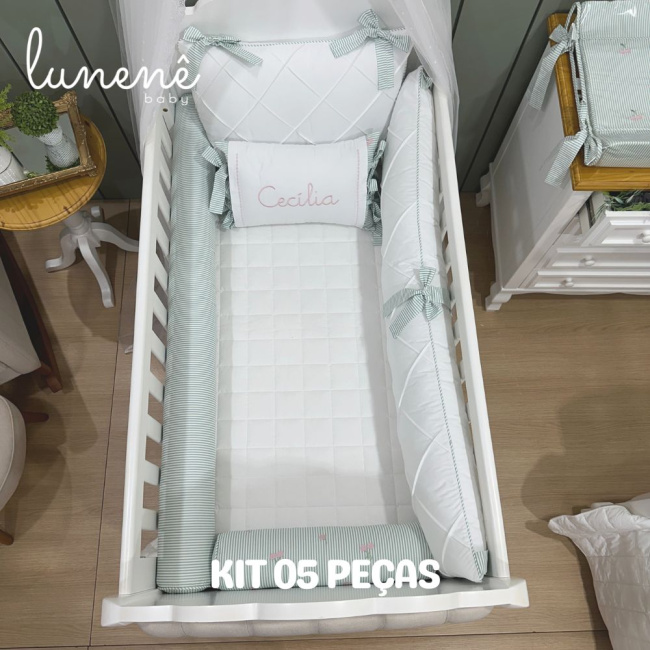 Enxoval de Berço Personalizado 05 Peças Cerejinha Verde 200 Fios 4574