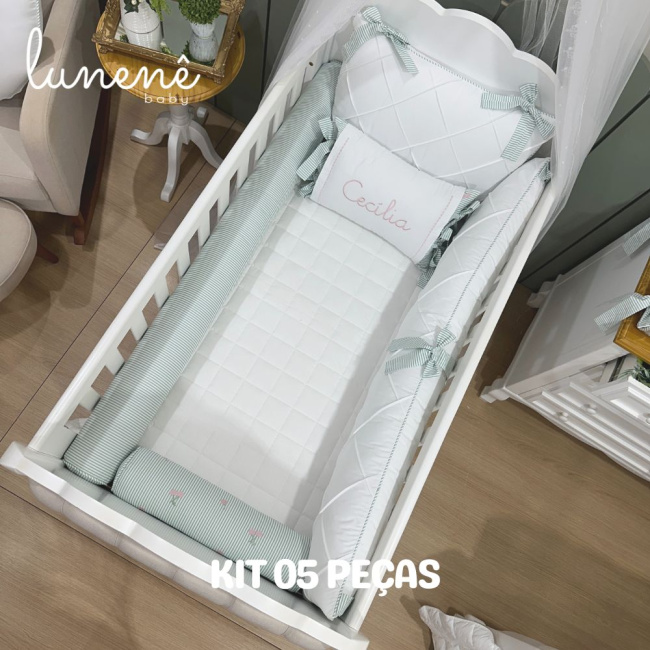Enxoval de Berço Personalizado 05 Peças Cerejinha Verde 200 Fios 4574