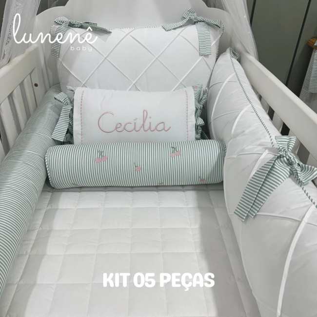 Enxoval de Berço Personalizado 05 Peças Cerejinha Verde 200 Fios 4574