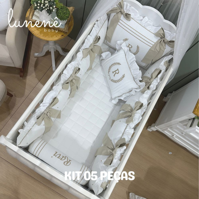 Enxoval de Berço Personalizado 05 Peças Imperial Caqui 200 Fios 4548