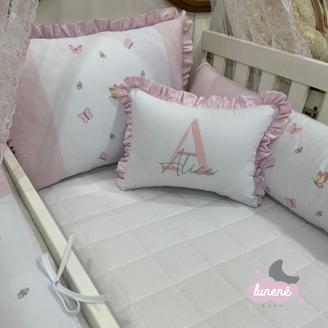 Enxoval de Berço Personalizado 07 Peças Baby Mix Rosa Borboleta 140 Fios