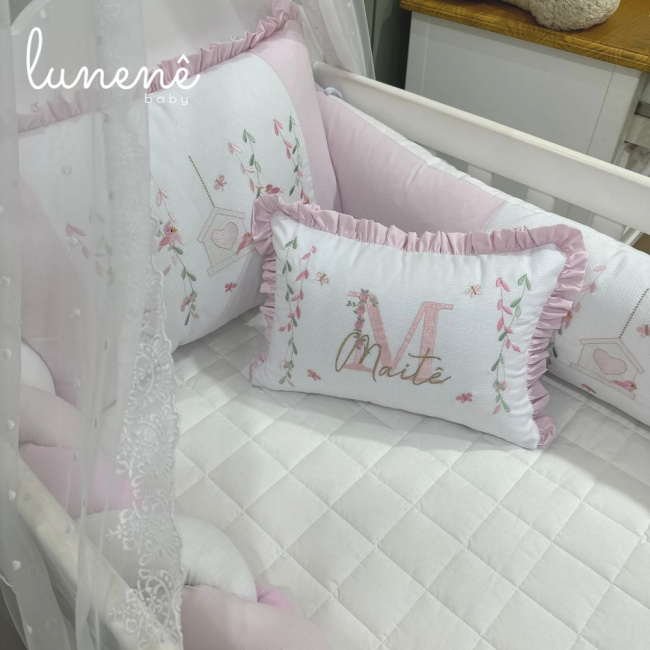 Enxoval de Berço Personalizado 07 Peças Baby Mix Rosa Passarinho 140 Fios