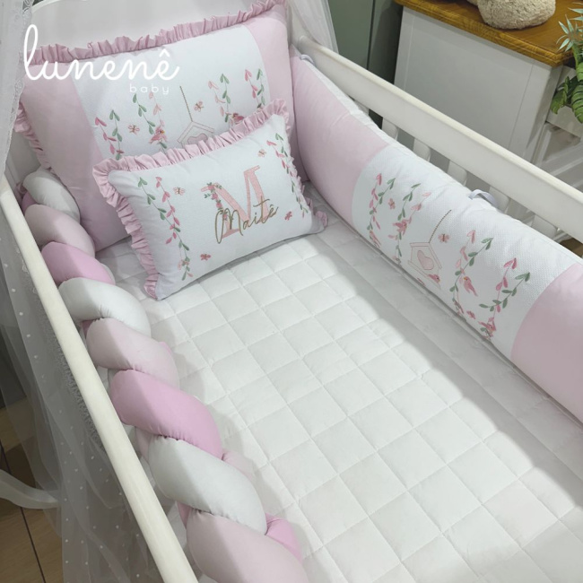 Enxoval de Berço Personalizado 07 Peças Baby Mix Rosa Passarinho 140 Fios