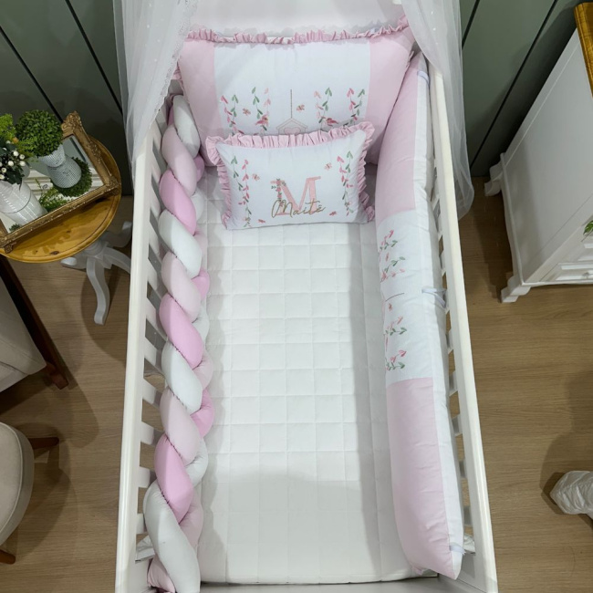 Enxoval de Berço Personalizado 07 Peças Baby Mix Rosa Passarinho 140 Fios