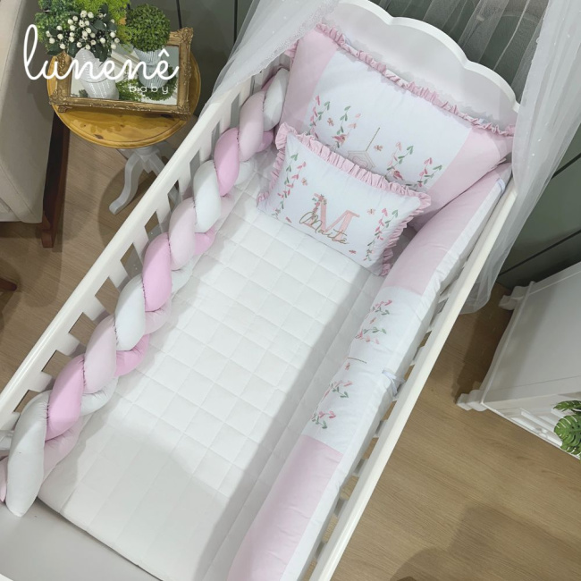 Enxoval de Berço Personalizado 07 Peças Baby Mix Rosa Passarinho 140 Fios
