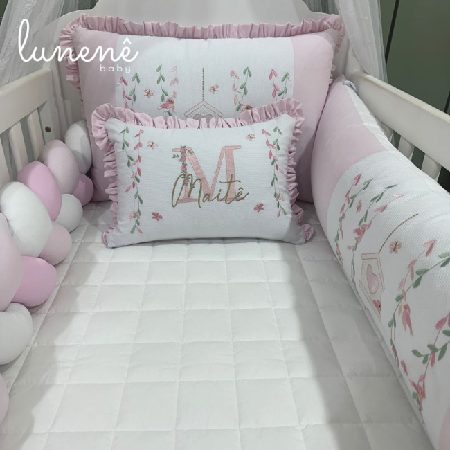 Enxoval de Berço Personalizado 07 Peças Baby Mix Rosa Passarinho 140 Fios