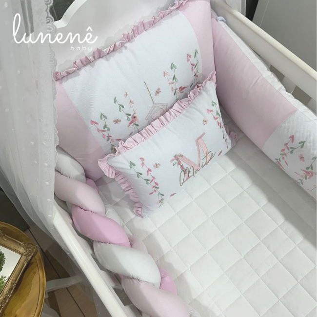 Enxoval de Berço Personalizado 07 Peças Baby Mix Rosa Passarinho 140 Fios