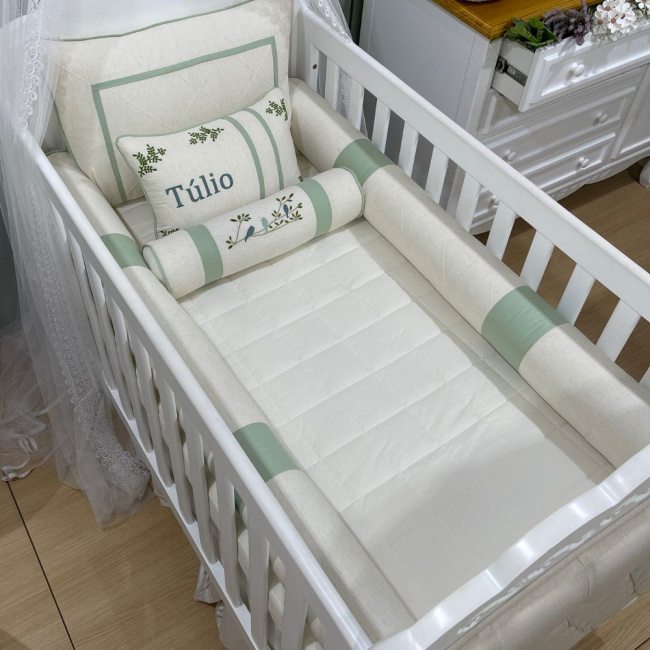 Enxoval de Berço Personalizado 08 Peças Verde Passarinhos 4026